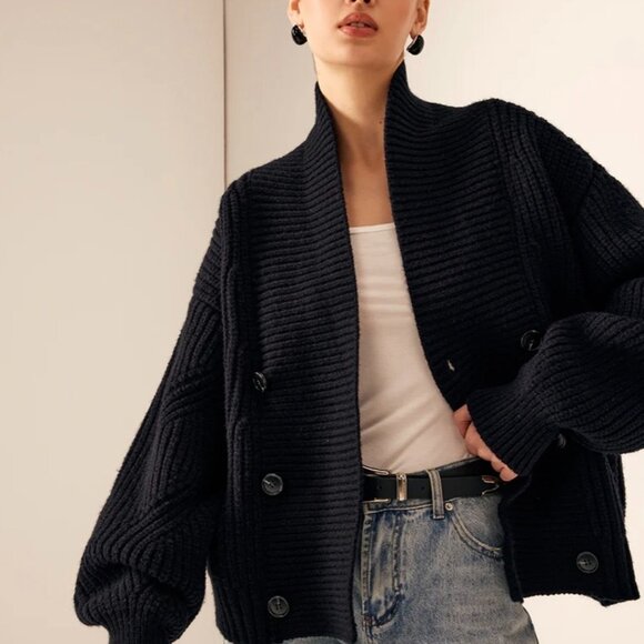 Ribbed Lapel Button Knit Outerwear, black, M size, New with tag. - Picture 3 of 7